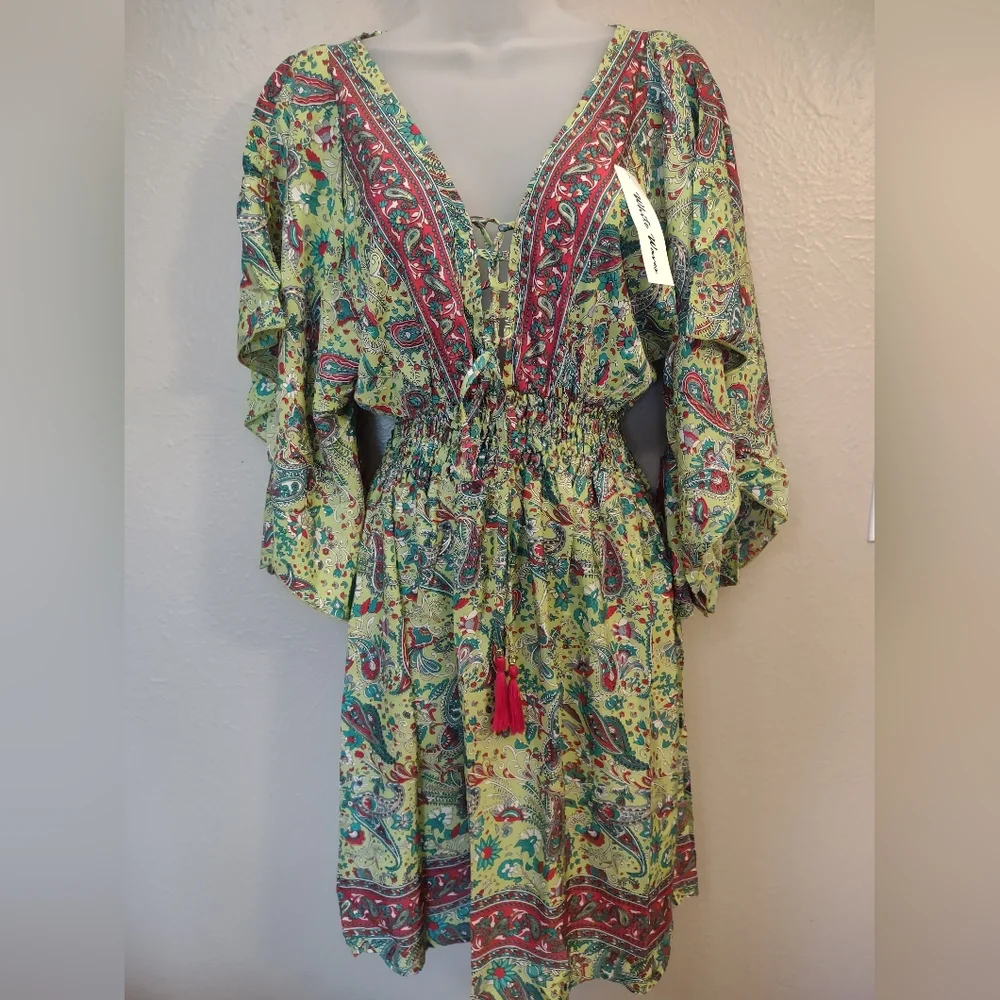 White Waves NWT Silk Blend Paisley Lace Up Boho Dress Made in India - Picture 2 of 15